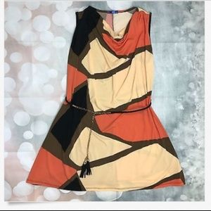 Color Block Coral Tan Black Belted Tunic Dress